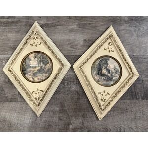 Vtg Hollywood Regency Framed‎ Prints Lot of 2 Diamond White Gold Wooden Frame